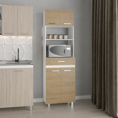 Garde-manger, 4 portes, 1 tiroir, 4 pieds, 4 tablettes, chêne naturel / blanc