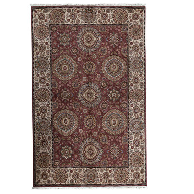 Tapis unique rose / ivoire / brun noué à la main de haute qualité