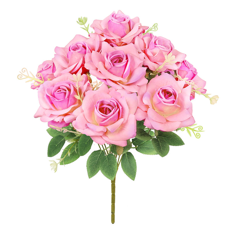 Artificial Gardenia Rose Flower Stem Bush Bouquet, Rosé / fuchsia