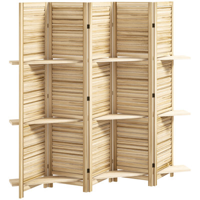 Room Divider 5 Panel 67" Tall Wood Privacy Screen Freestanding Partition with 3 Shelves and Folding Storage for Bedroom, Natural Wood