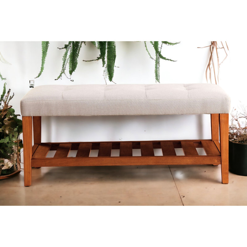 Banc touffeté avec tablette à lattes ouverte et pieds en chêne, Gris