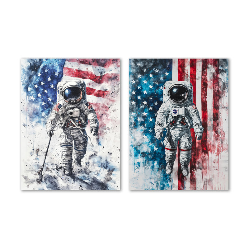 «First Astronaut in Space with USA Flag I», art mural patriotique en métal 2 pièces, 32" H x 48" W