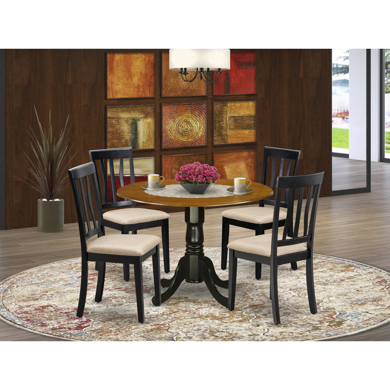 L'ensemble de table de salle à manger 5 pièces pour 4 personnes comprend une table de cuisine ronde avec Dropleaf et 4 chaises de salle à manger en tissu de lin, 42 po x 42 po, noir et cerise