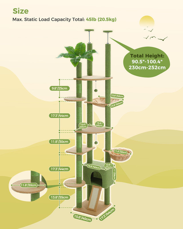 Cat Tree Floor to Ceiling, Adjustable Cat Tree Tower for Indoor Large Cats, 90.5'' - 100.4'' with Cat Condo, Hammock & Scratching Post,by Calion