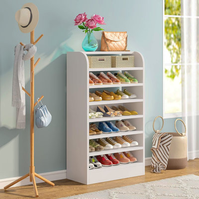 Range-chaussures blanc de 25,59 po de largeur, grande étagère à chaussures à 8 niveaux, armoire à chaussures en bois blanc