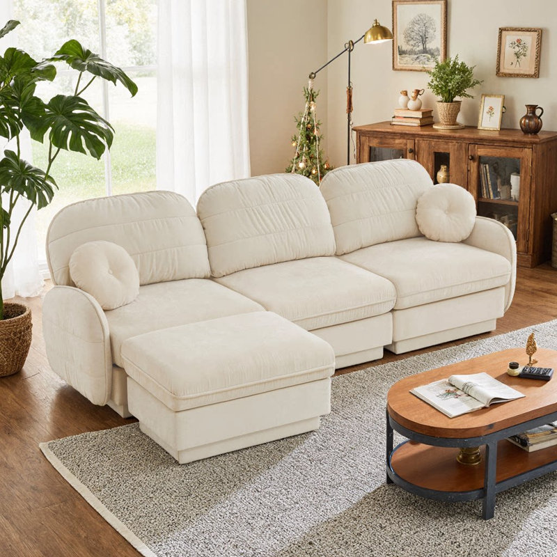 Canapé surdimensionné en chenille en L avec repose-pieds, assise profonde et conception modulaire, Beige crème