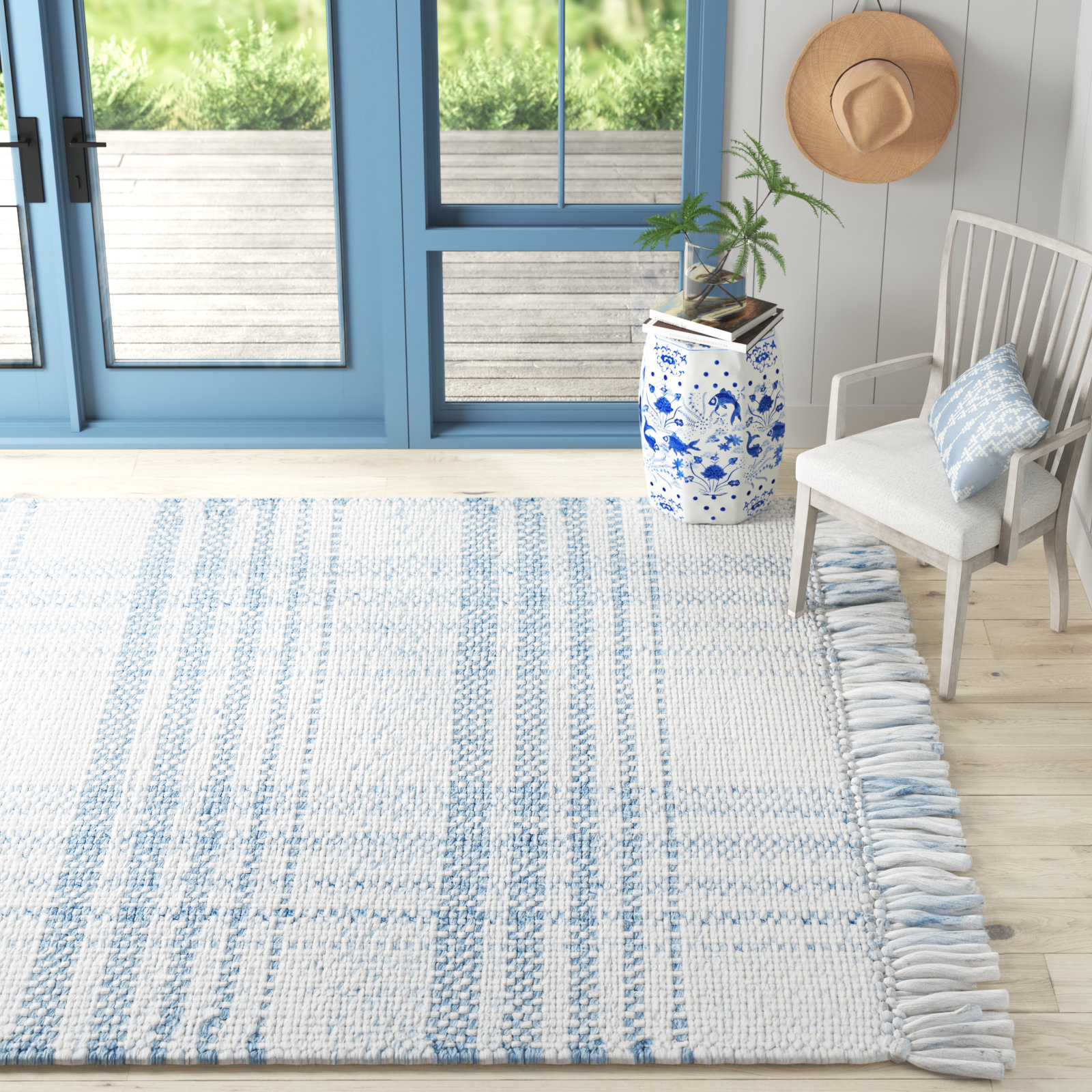 Cay Hand-Woven Blue Plaid Rug, Rectangle 10' x 14'