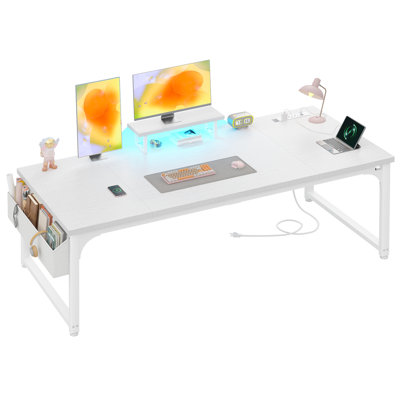 63"W Computer Desk with Monitor Stand & 24mm Thicker Desktop Home Office Desk with Power Outlets, LED Lights, Headphone Hooks & Storage Pocket, White