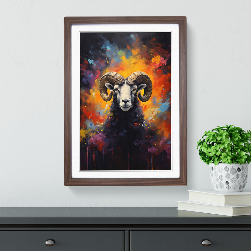 XYZ-FRM-V1223-5403 Ram Sheep Informel - Single Picture Frame Print on Wood, Walnut, 64cm H x 46cm W x 2cm D