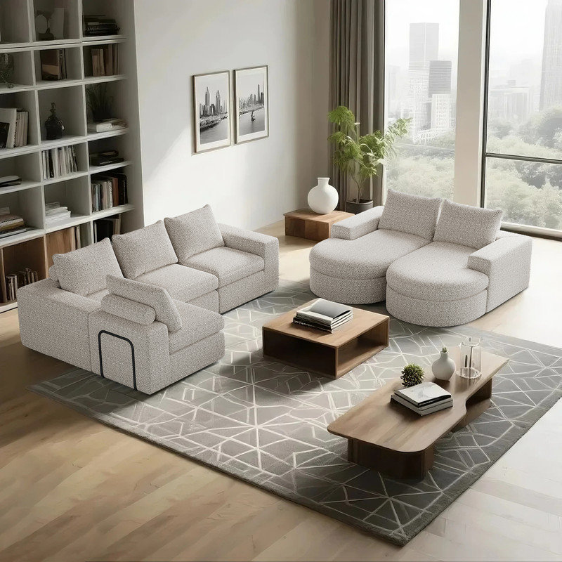 Canapé modulaire en chenille avec méridienne courbée et rembourrée, Chenille beige