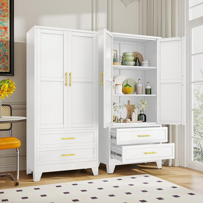 71" Tall Metal Pantry Cabinet, Steel Storage Cabinets with 2 Doors, 2 Adjustable Shelf and 2 Drawers, Used as Kitchen Cabinet, Freestanding Cupboard for Kitchen, Office, Living Room(White)