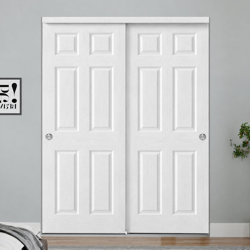 60"X80" Raised 6-Panel Textured White Primed Molded Sliding Closet Doors With Installation Hardware Kit and Satin Nickel Finger Pull