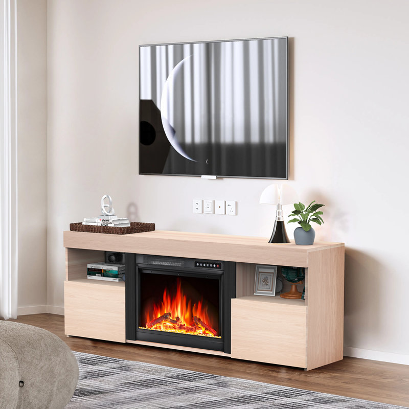  60" Fireplace TV Stand With Electric Fireplace,Remote ,Timer & Adjustable Led Flame, Light Oak