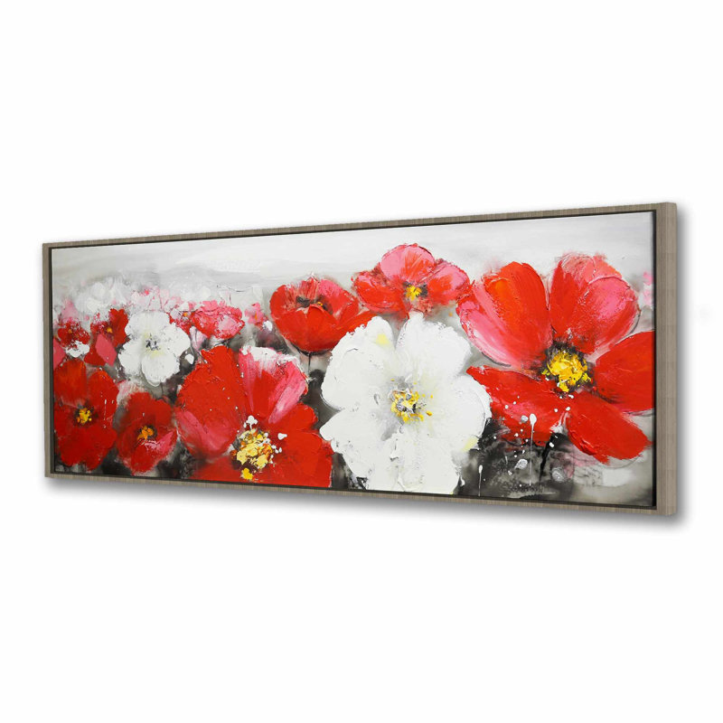 Toile encadrée blanche contemporaine | Champ de fleurs rouges et blanches, H 17,25 po x l 49,25 po