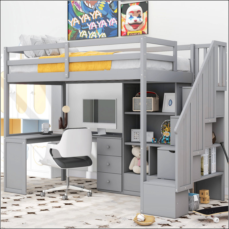 Lit mezzanine simple avec bureau en L et tiroirs