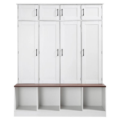 Hall Tree with Bench and Shoe Storage, 59" Wide, 4-in-1 Entryway Hall Tree with Bench, Hanging Hooks, Storage Cabinet, and Shoe Cabinet, Wooden Furnit