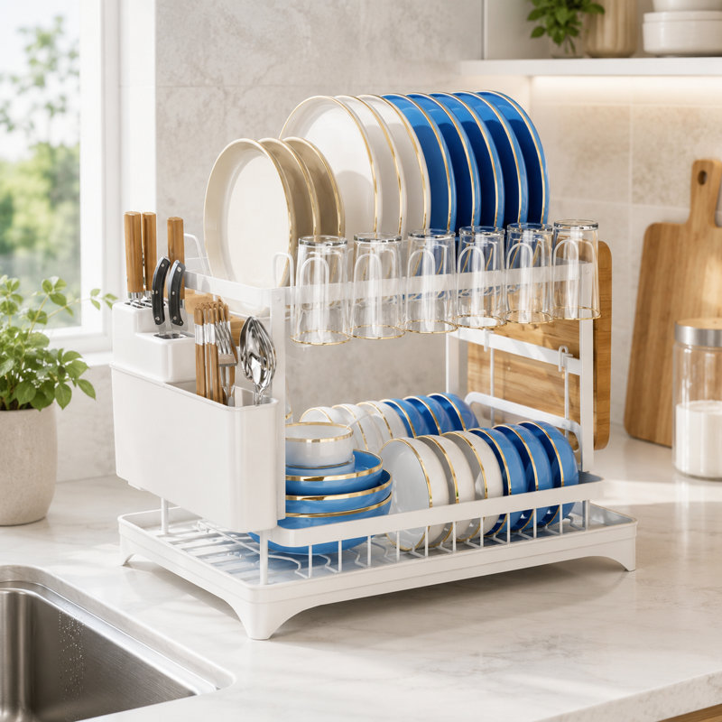 Two-Tier Stainless Rust-Resistant Adjustable Dish Rack, White