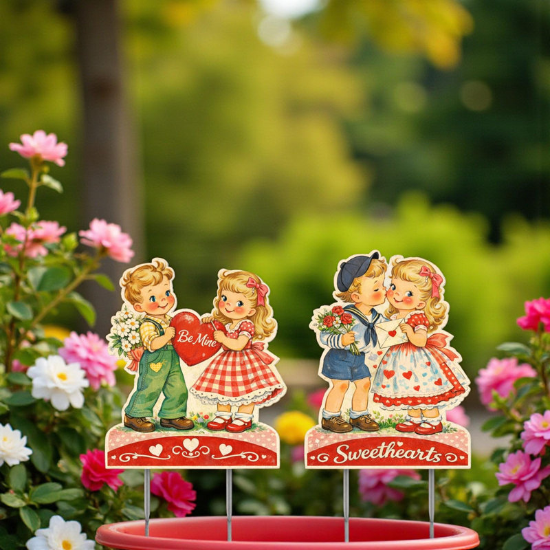 Ensemble de panneaux de jardin haut de gamme pour la Saint-Valentin – Motif de cœurs vintage – Décoration extérieure de 30 cm avec piquets, style années 50