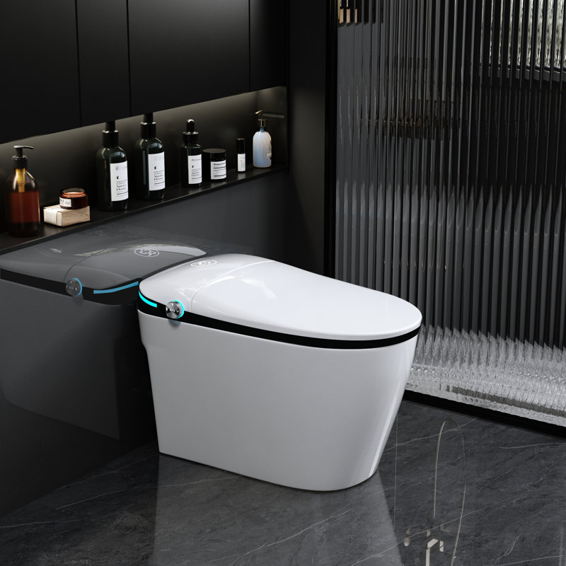 Bidet de toilette de luxe intelligent - Ouverture / fermeture automatique, capteur de pied, chasse d'eau siphonique, siège ouvert / fermé à séchage à l'air chaud, séchage, porcelaine blanche, chasse d'eau, télécommande