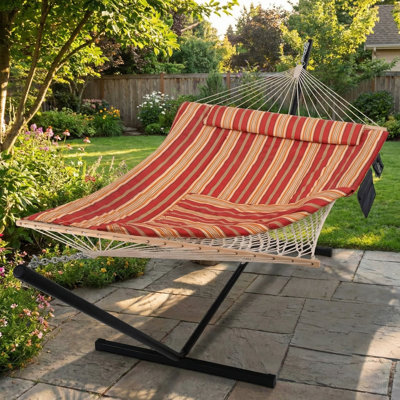 Portable 2 Person Heavy Duty Hammock With Stand For Patio Backyard Balcony, Red Stripe