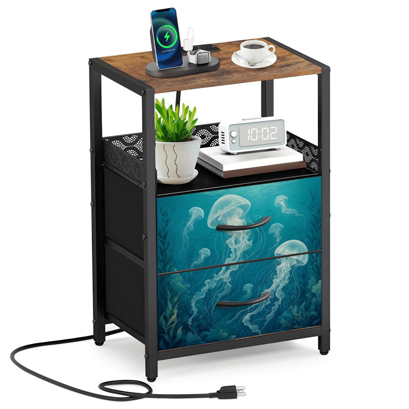 Table de chevet à 2 tiroirs en tissu avec station de charge