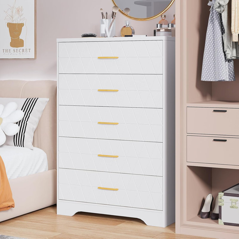 5-Drawer Tall Wooden Dresser, Solid Wood Construction with Gold Metal Handles, Narrow Storage Chest for Bedroom, Living Room, Hallway, Modern Style