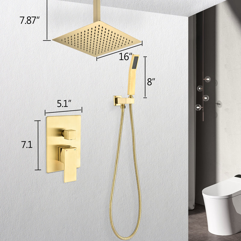 Brushed Gold Ceiling Mounted Shower Kit - 16" Head With Handheld Natural Rainfall Simulation Meander Self-Cleaning Nozzle American Standard Bathroom Product And Specificity Part