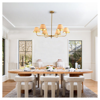 Gold 38" 6-Light Chandelier with Hand-Woven Rattan Lampshade