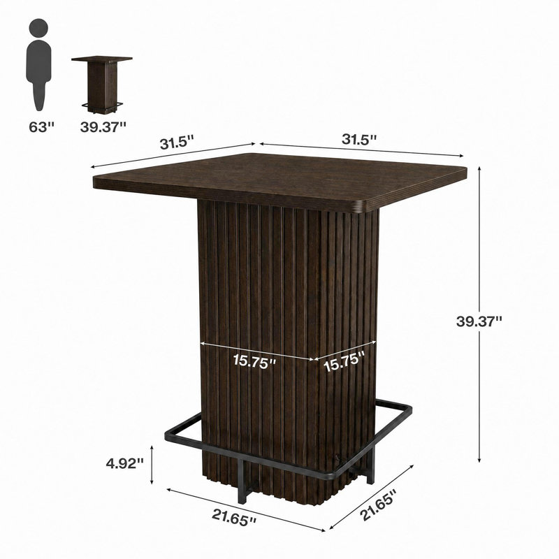 Table de bar carrée de 80 cm (31,5 po) avec pied cannelé et repose-pieds en métal – Table basse moderne de style bistro pour cuisine, salle à manger, café – Brun-rouge