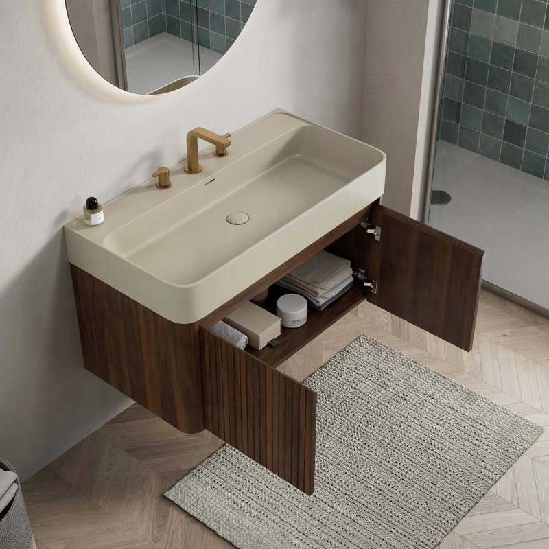 Meuble-lavabo flottant avec meuble-lavabo intégré à surface solide blanc brillant et grain de bois noyer
