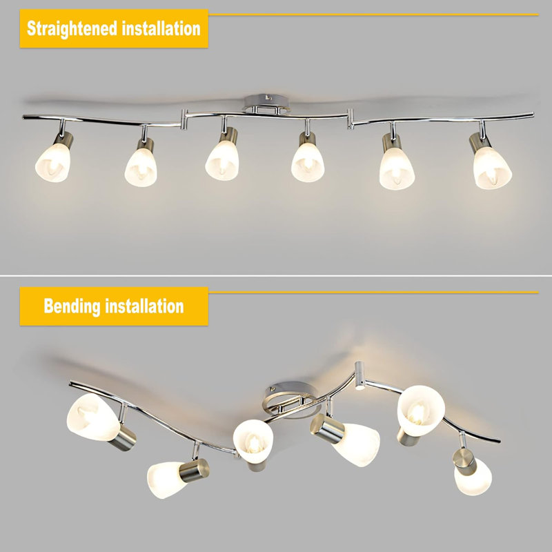 6-Light Flexible Track Lighting Rail Modern Directional Led Spot Ceiling Light Fixture With Glass Shade E12 Base Brush Steel