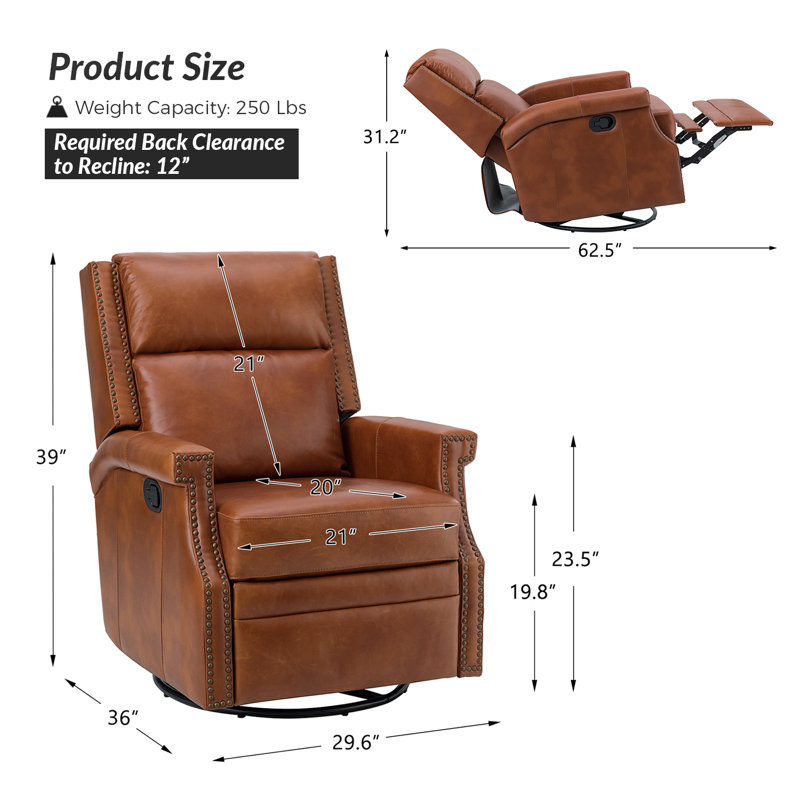 Manning 29.6" Wide Genuine Leather Manual Swivel Rocking Standard Recliner, Saddle Top Grain Leather