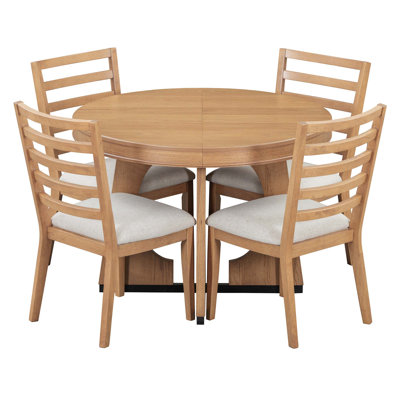 Round Dining Table For 4 With Chairs Set,Extendable Dining Table Set With Removable Middle Leaf,5 Piece Retro Dining Table Set Unique Geometric Design