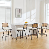 Upholstered Swivel Counter Stool With Rattan Backrest