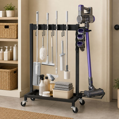 Rolling Cleaning Supplies Storage Cart, Tool Holder Organizer with Vacuum Stand