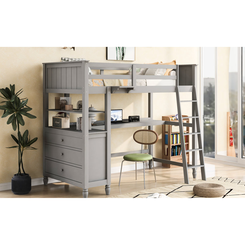 Lit mezzanine simple avec bureau et tiroirs: conception pratique de la chambre à coucher en bois massif avec tablettes grises pour une gestion efficace de l'espace