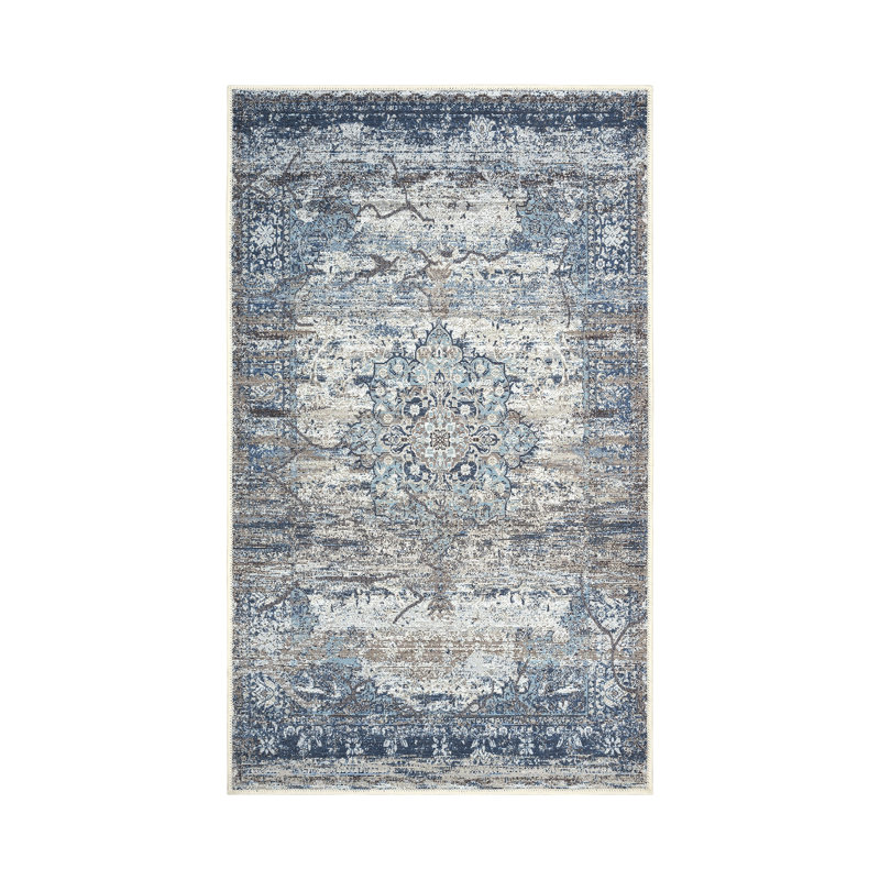 GLN Rugs Vintage Collection - Machine Washable Area Rug, Vintage Washable Rug, Non Slip Area Rug, Low Pile Living Room Rug, Bedroom Rug, Bathroom Rug - Easy Clean (Navy Blue and Gray Rug)