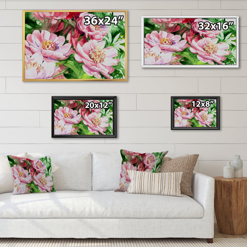 Aquarelle, pivoines roses, reproduction sur toile flottante, H 24 po x l 36 po x P 1 po, Cadre flottant doré