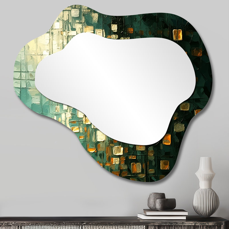Ambitions de rêves rétro or et bleu sarcelle I - miroir décoratif nuage peinture abstraite, miroir mural asymétrique moderne, impression d'art en métal