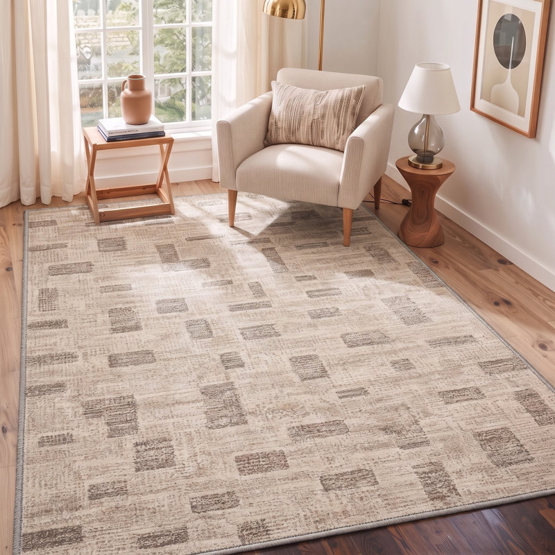 Tapis beige / gris à motif géométrique lavable à la machine avec envers antidérapant, Rectangulaire 8 pi x 10 pi