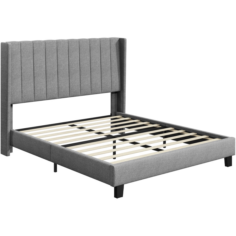 Upholstered Bed Frame with Channel Tufted Headboard, Kingsize (5'), Light Grey