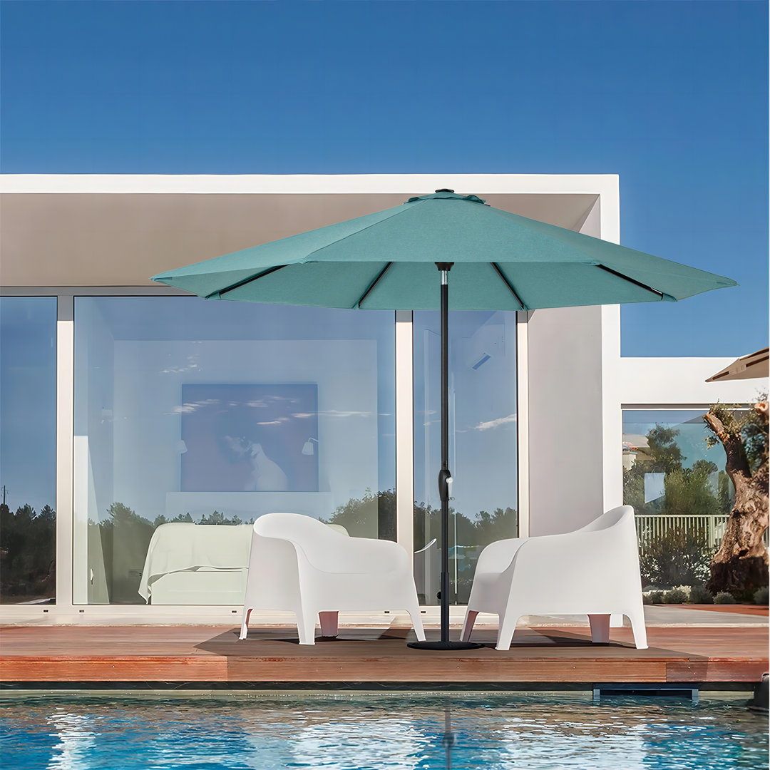 Idaly 10 ft Patio Umbrella with Fringe, Outdoor Tassel Umbrella with Wood Color Aluminum Pole , Vintage Arlmont & Co. Fabric 