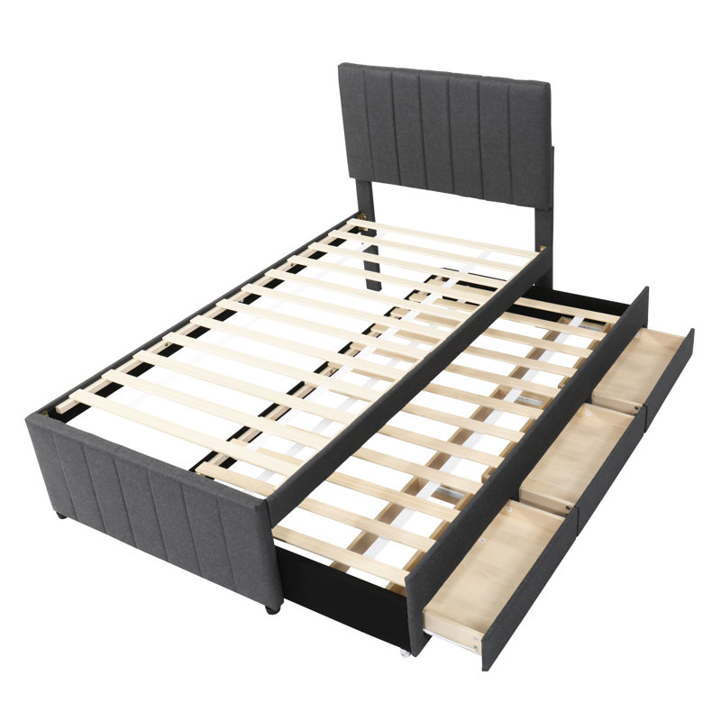 Lit plateforme tapissier avec lit gigogne et 3 tiroirs, tissu en lin pour plus de sommeil et de rangement