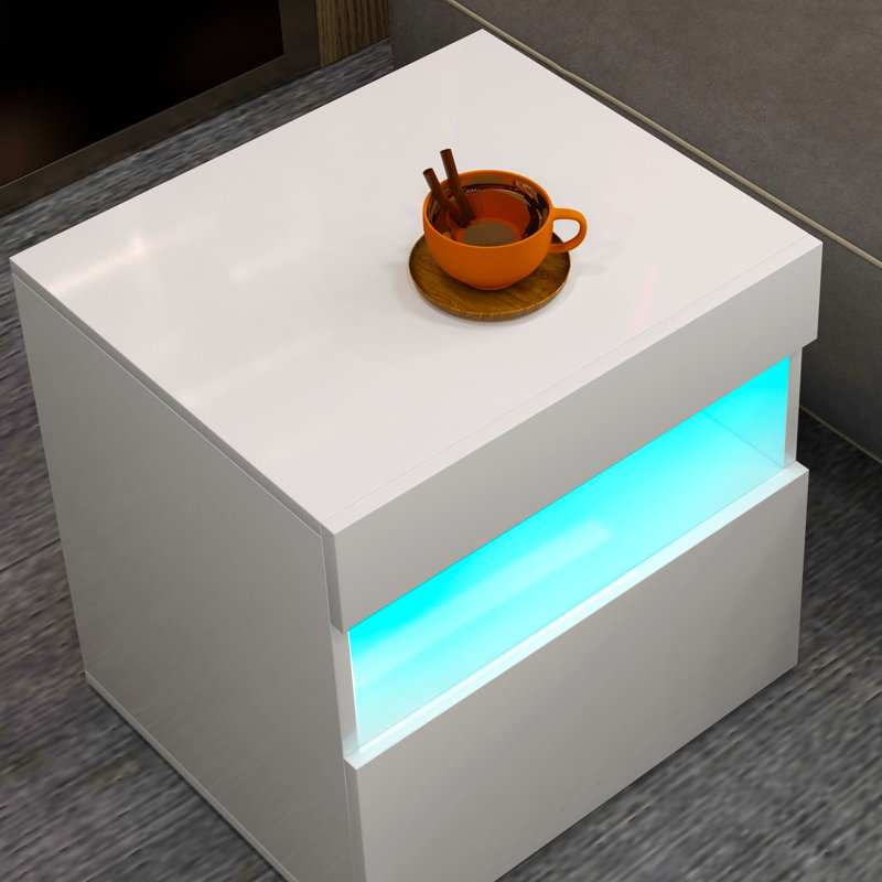 Nightstand with LED Lights, Bedside Table with Drawer and Shelf