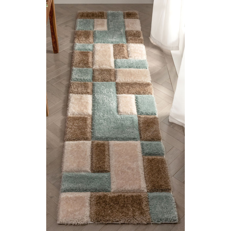 Tapis bleu / brun / crème en polypropylène à poils longs Katy-Joanne, Tapis de couloir 2 pi 7 po x 9 pi 10 po