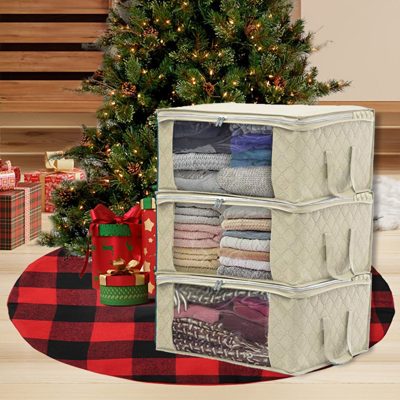 3-Pack Foldable Storage Bags with Clear Windows & Handles, Large Closet Organizers for Clothes, Blankets, Bedding, Space-Saving Apricot Fabric Bins ﻿
