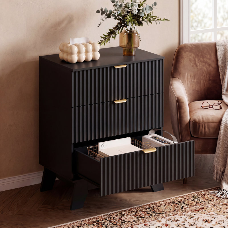 Fluted 3 -Drawers Dresser For Bedroom With Dresser Organizer, 23.6''W Wood Wide Chest of Drawers ,Nightstand, Black