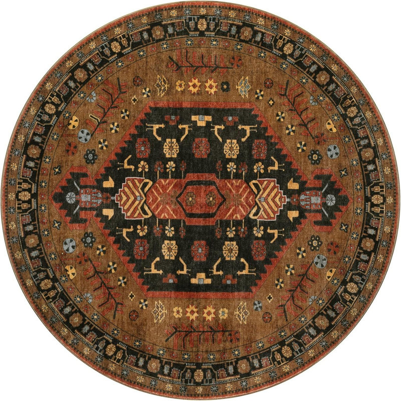 Tapis rond oriental bohème à poils courts, lavable, antidérapant et résistant aux taches, ne peluche pas et ne perd pas ses poils.