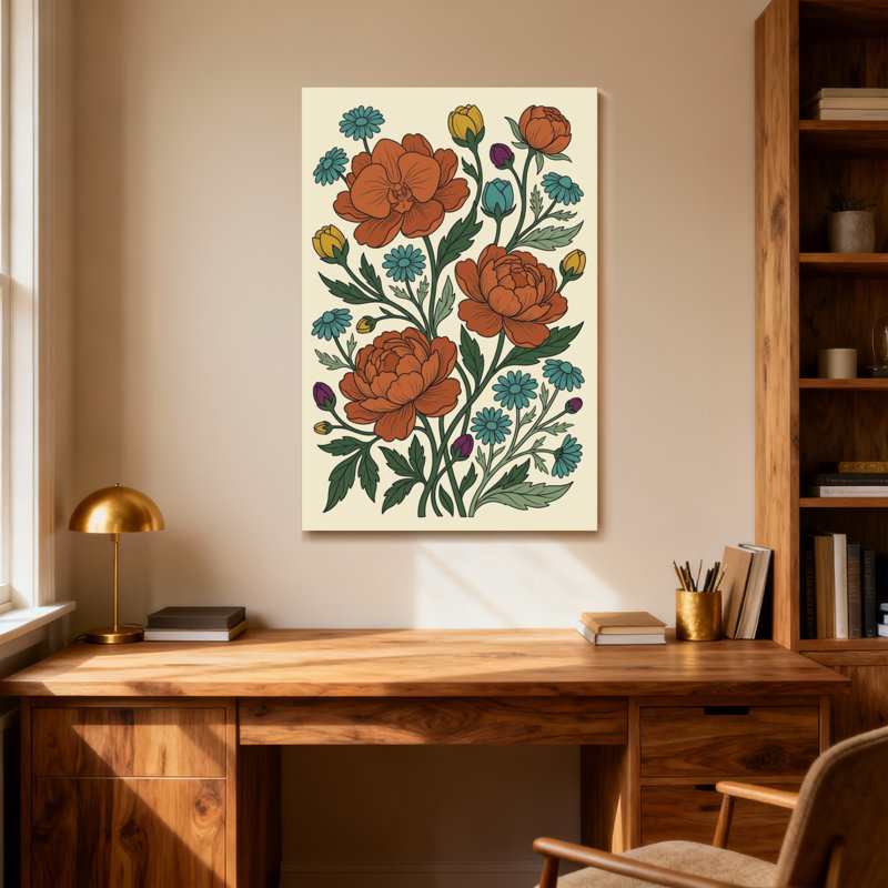 Plantes et fleurs avec motif floral orange et bleu, H 18 po x l 12 po
