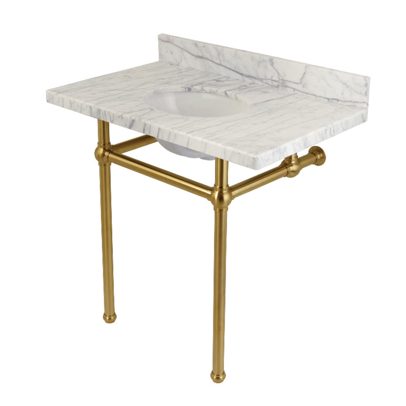 Dessus de meuble-lavabo en marbre de Carrare 36 pouces avec pieds en laiton Kingston Templeton (8 pouces, 3 trous)